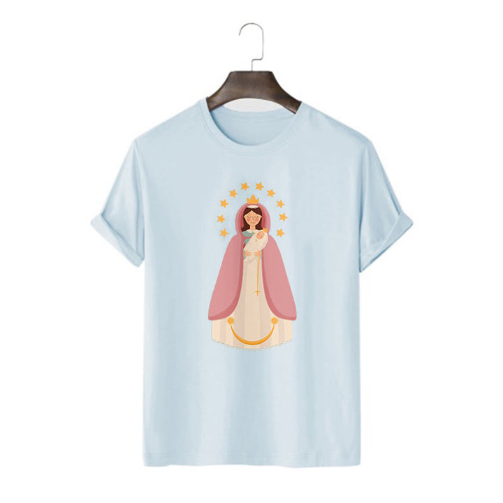 Christianartworkshop Minimalist Style Divine Virgin Mary and Child Short Sleeve T-shirt - Blue - 2XL - image 18
