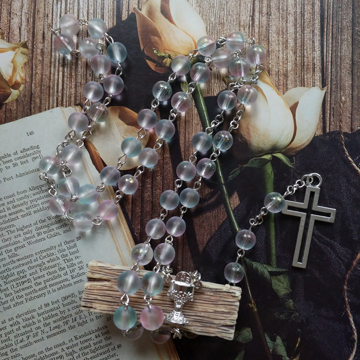 Holy Grail & Cross of 8 mm Round Multicolor Glass Alloy Chain Rosary