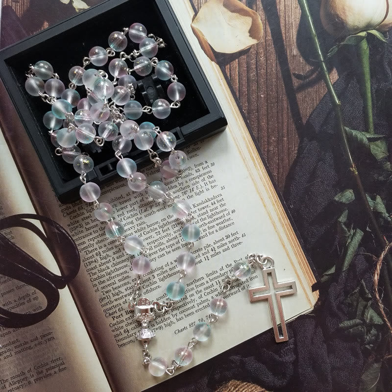 Holy Grail & Cross of 8 mm Round Multicolor Glass Alloy Chain Rosary
