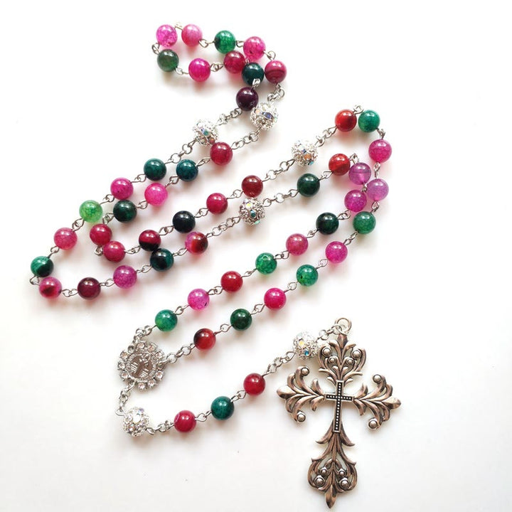 St. Benedict Medal & Cross of 8 mm Round Multicolor Natural Tourmaline Agate Alloy Chain Rosary