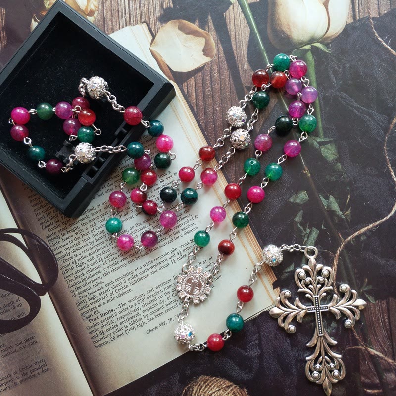 St. Benedict Medal & Cross of 8 mm Round Multicolor Natural Tourmaline Agate Alloy Chain Rosary