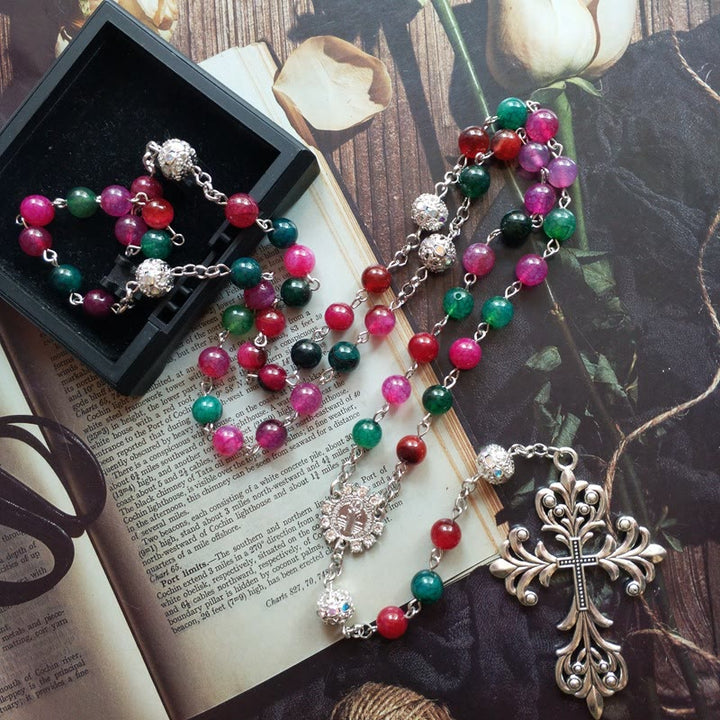 St. Benedict Medal & Cross of 8 mm Round Multicolor Natural Tourmaline Agate Alloy Chain Rosary