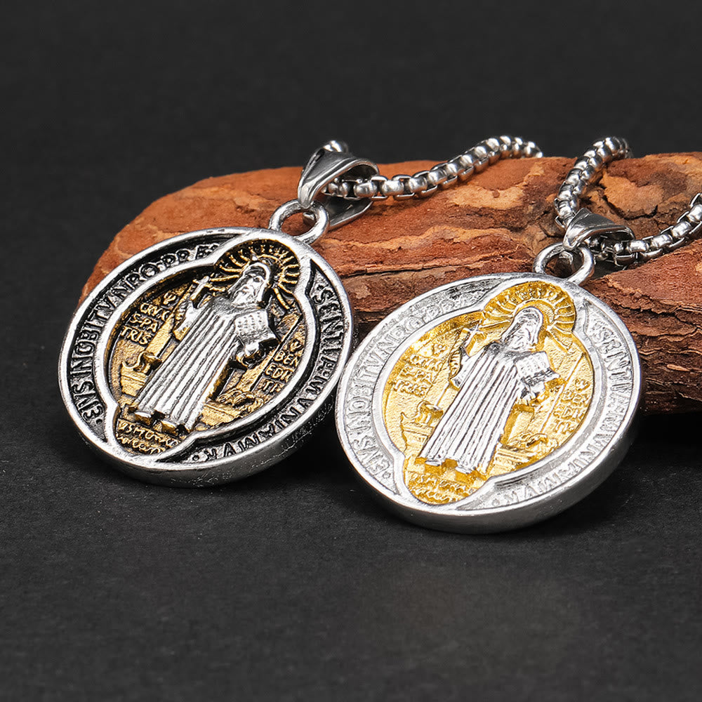 Classic Retro Style Crafted St. Benedict Sacred Protection Pendant Necklace - Silver&Gold - image 0
