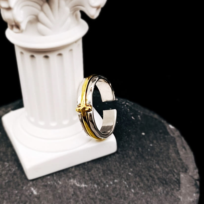 Christianartworkshop Retro Minimalist Style Two-Tone Cross Blessing Ring - image 1
