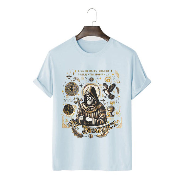 Christianartworkshop Classic Style St. Benedict Blessing Graphic Short Sleeve T-shirt - Blue - 2XL - image 16