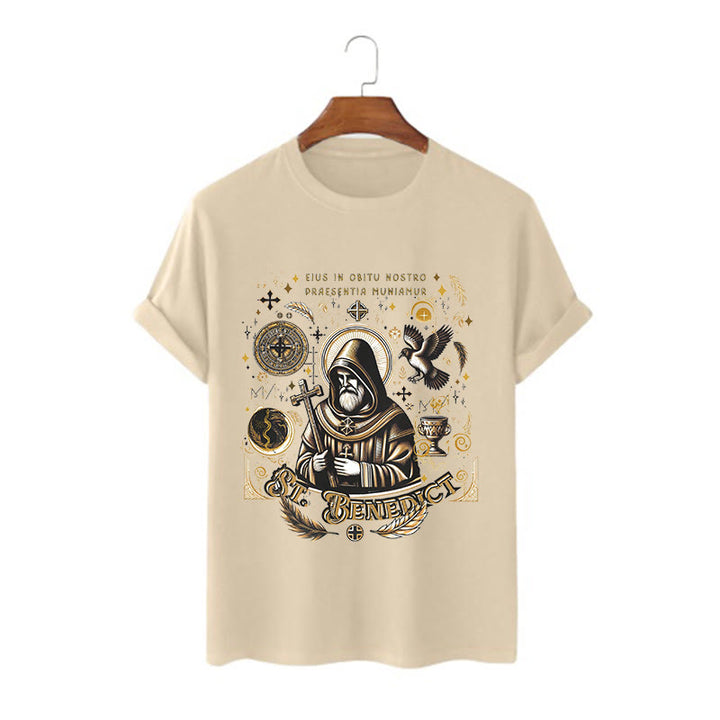 Christianartworkshop Classic Style St. Benedict Blessing Graphic Short Sleeve T-shirt - Khaki - 2XL - image 5