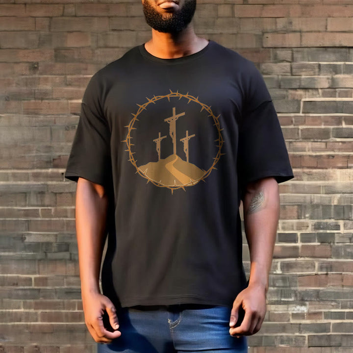 Minimalist Style Three Crosses Of Calvary Short Sleeve Washed T-shirt