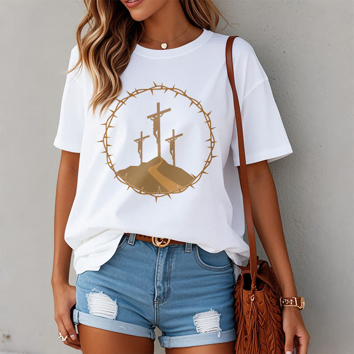 Minimalist Style Three Crosses Of Calvary Short Sleeve Washed T-shirt