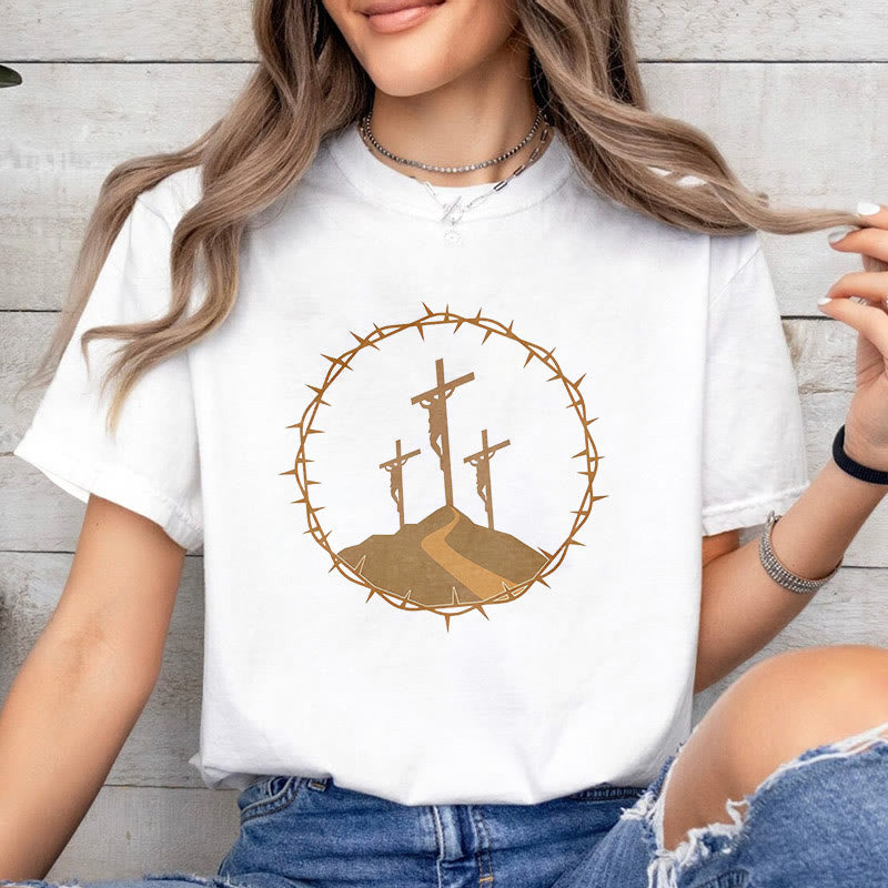 Minimalist Style Three Crosses Of Calvary Short Sleeve Washed T-shirt
