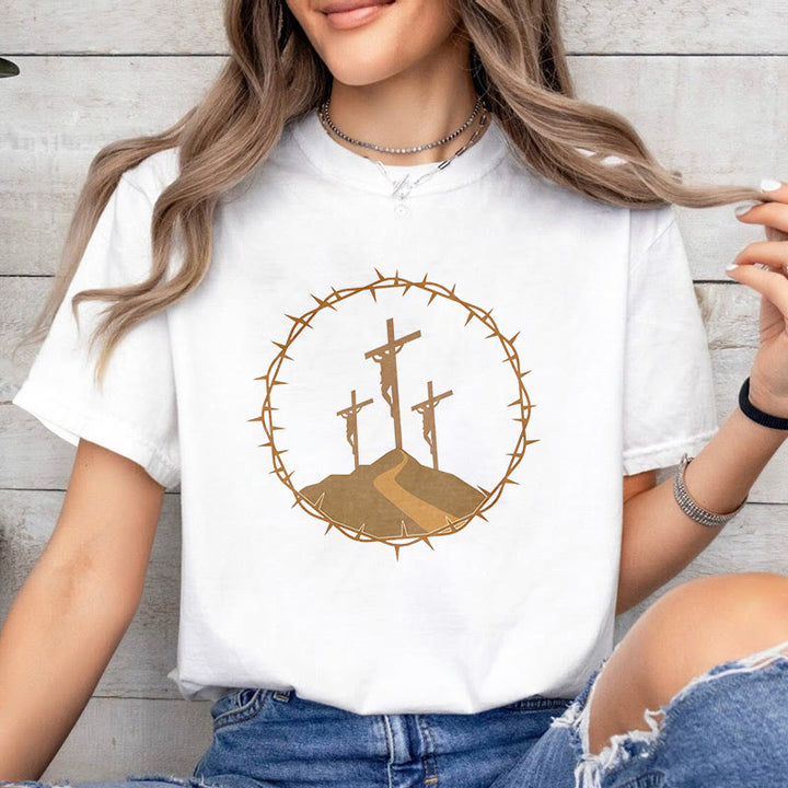 Minimalist Style Three Crosses Of Calvary Short Sleeve Washed T-shirt