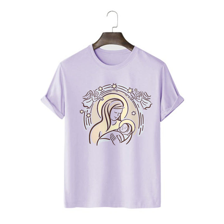 Christianartworkshop Cartoon Style Madonna and Child Short Sleeve Washed T-shirt