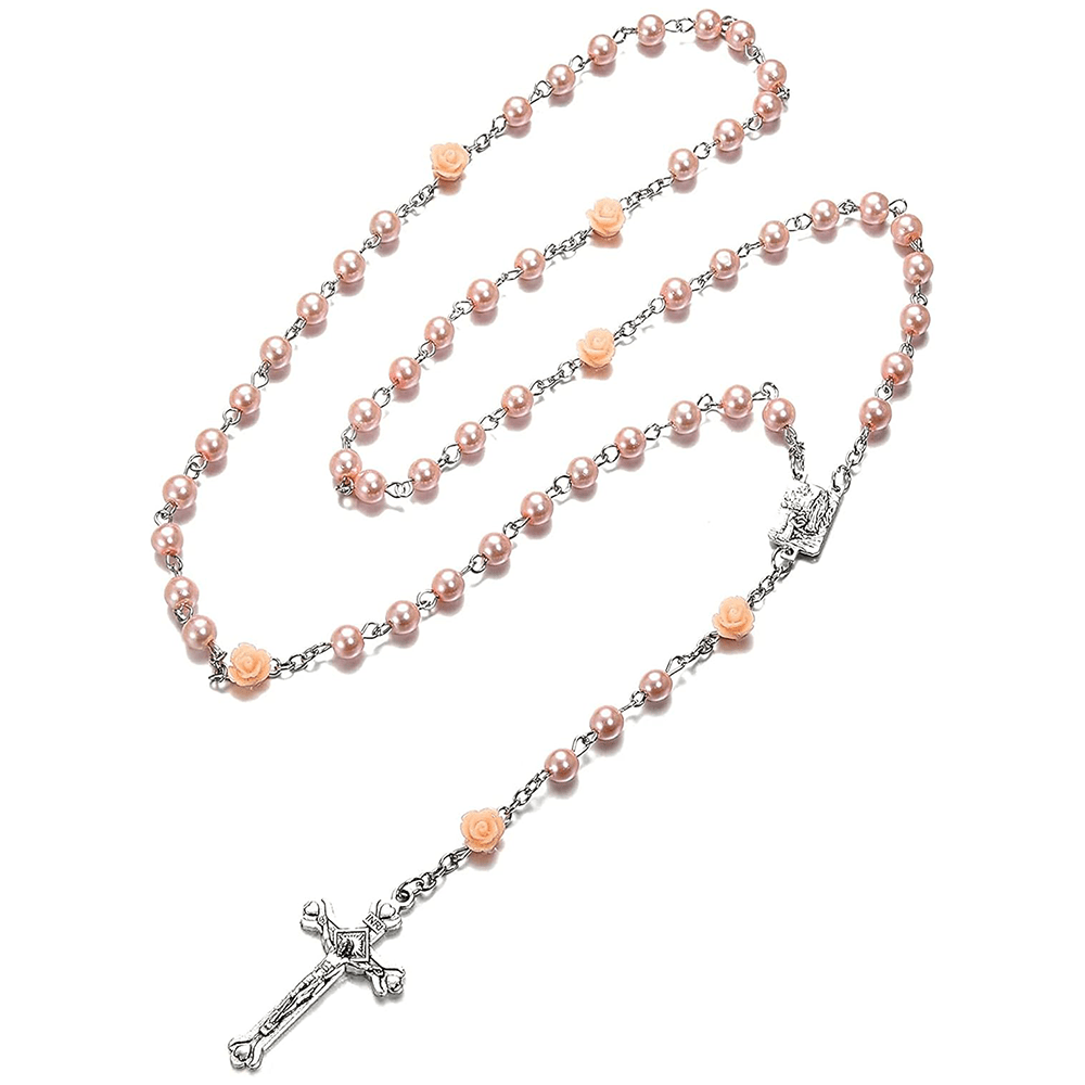 Madonna in Profile & Crucifix of 6 mm Rose Round Multicolor Pearl Alloy Chain Rosary(8 colors)