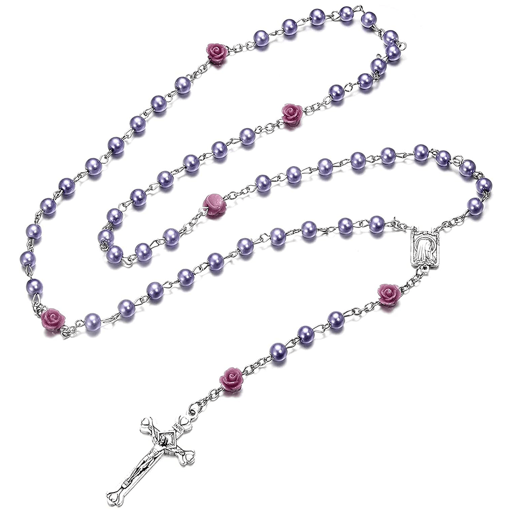 Madonna in Profile & Crucifix of 6 mm Rose Round Multicolor Pearl Alloy Chain Rosary(8 colors)