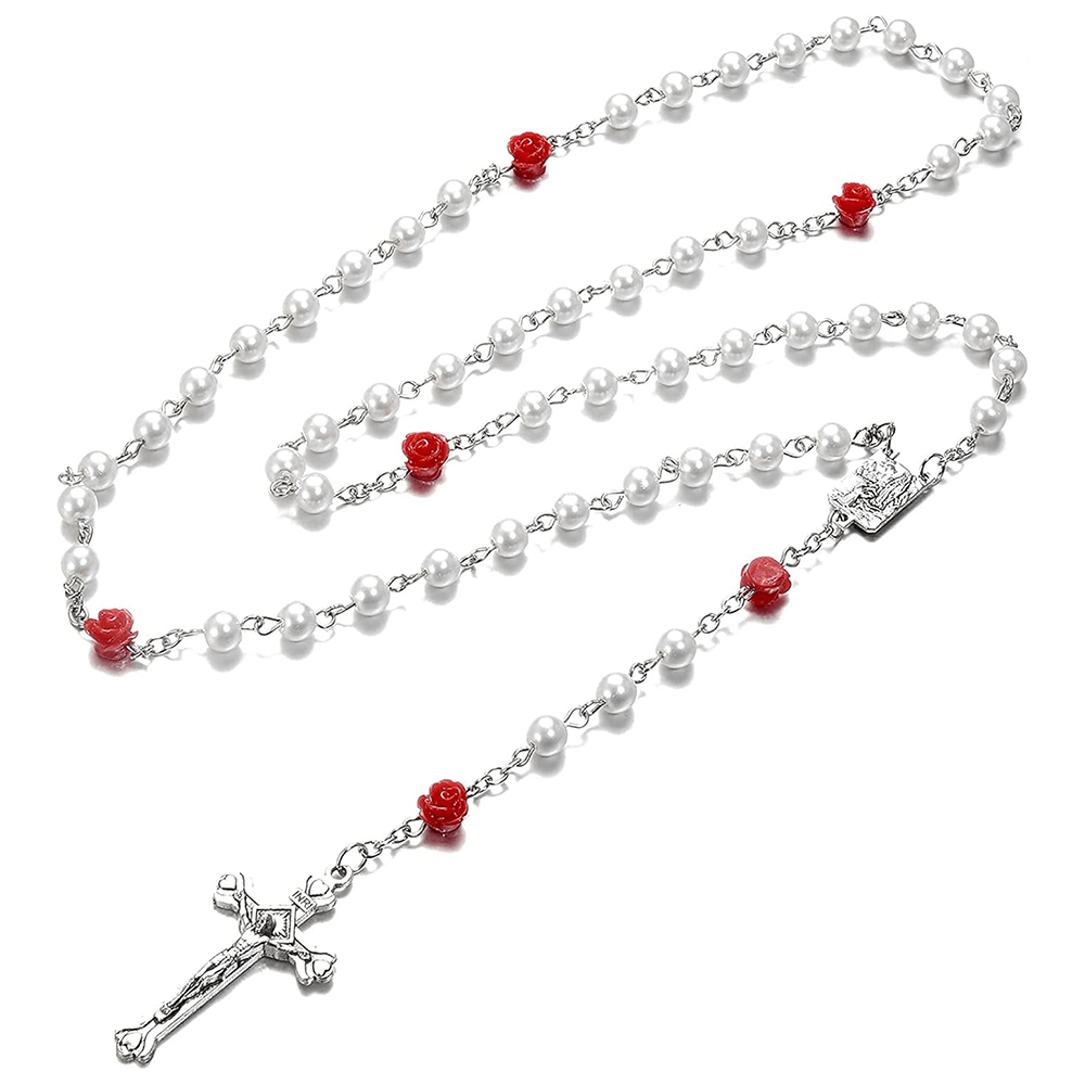 Madonna in Profile & Crucifix of 6 mm Rose Round Multicolor Pearl Alloy Chain Rosary(8 colors)