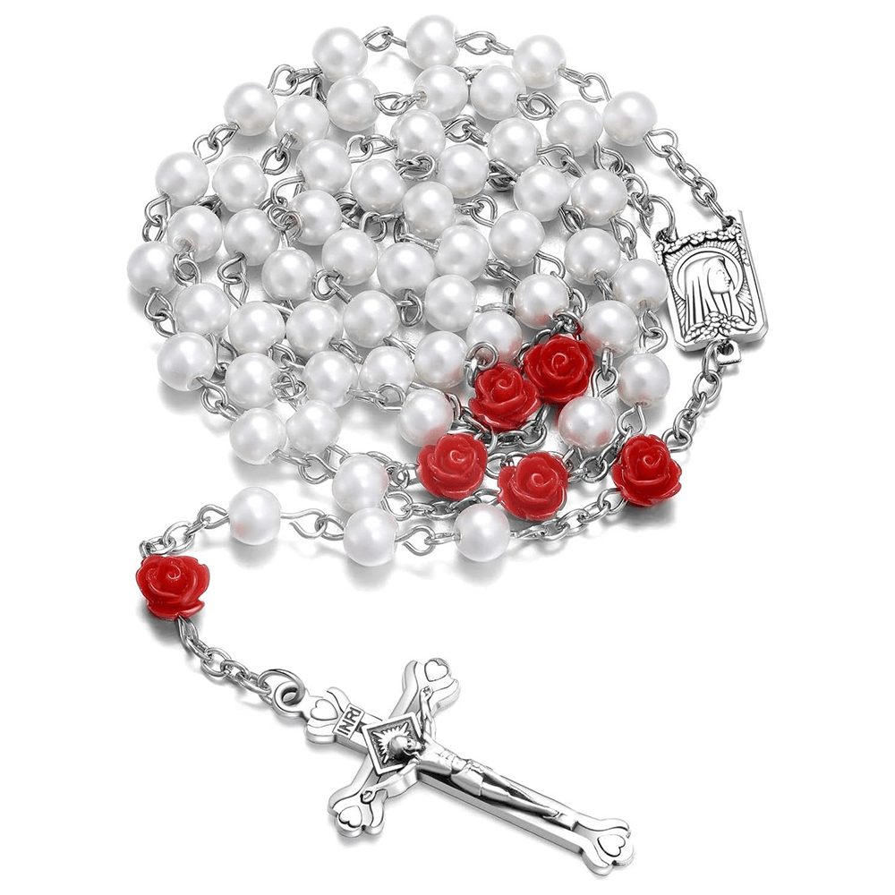 Madonna in Profile & Crucifix of 6 mm Rose Round Multicolor Pearl Alloy Chain Rosary(8 colors)