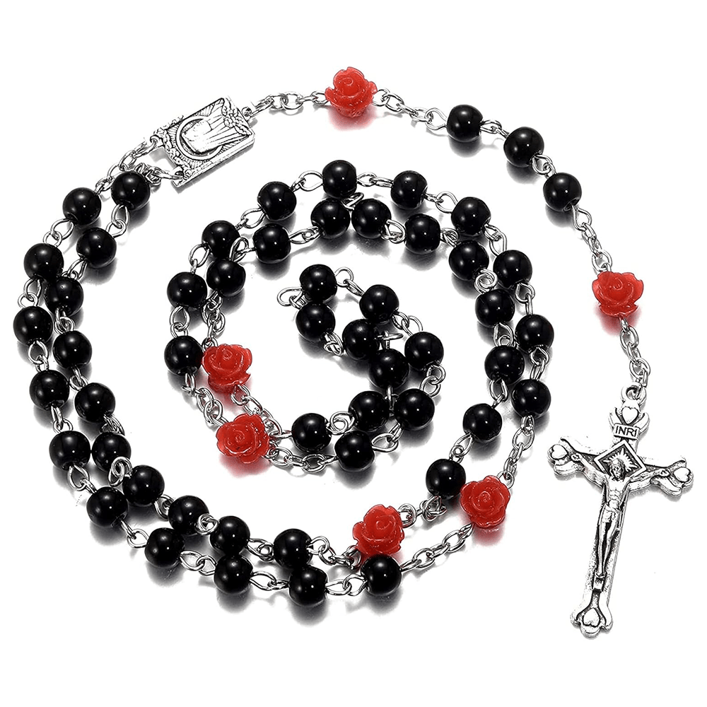 Madonna in Profile & Crucifix of 6 mm Rose Round Multicolor Pearl Alloy Chain Rosary(8 colors)