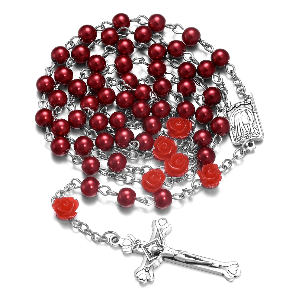 Madonna in Profile & Crucifix of 6 mm Rose Round Multicolor Pearl Alloy Chain Rosary(8 colors)