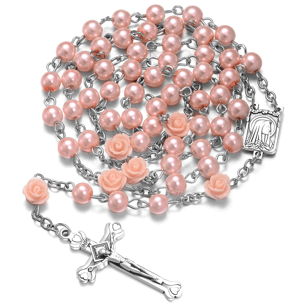 Madonna in Profile & Crucifix of 6 mm Rose Round Multicolor Pearl Alloy Chain Rosary(8 colors) - Pink - image 1