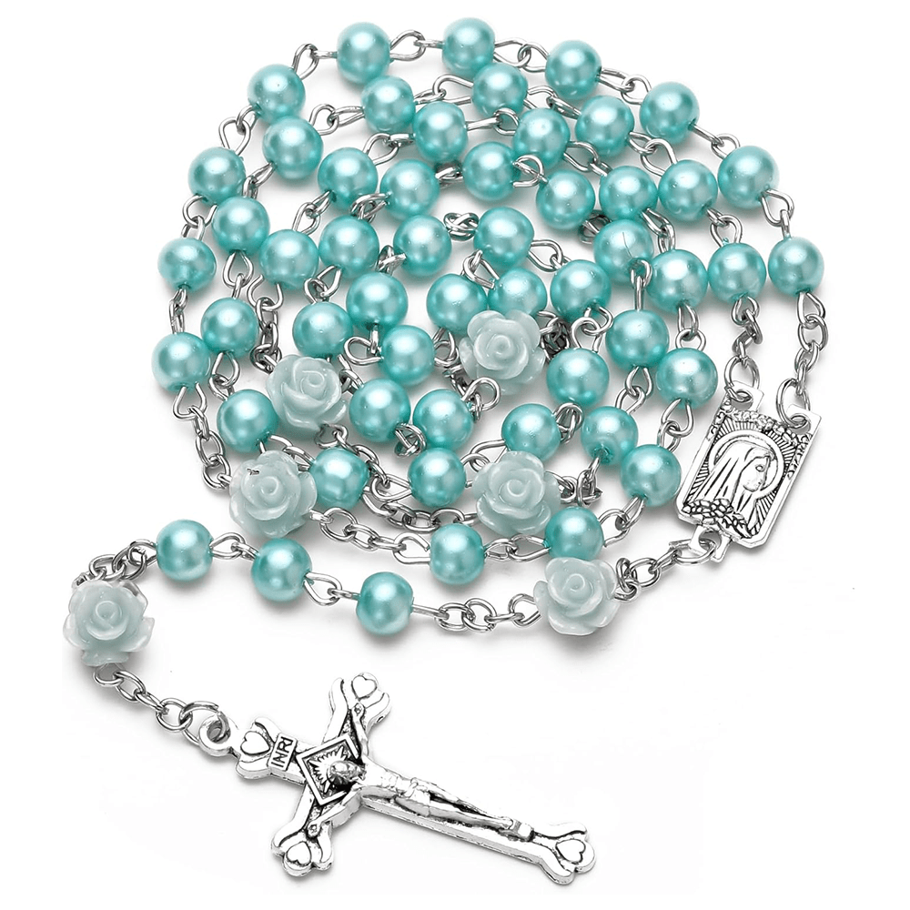 Madonna in Profile & Crucifix of 6 mm Rose Round Multicolor Pearl Alloy Chain Rosary(8 colors)