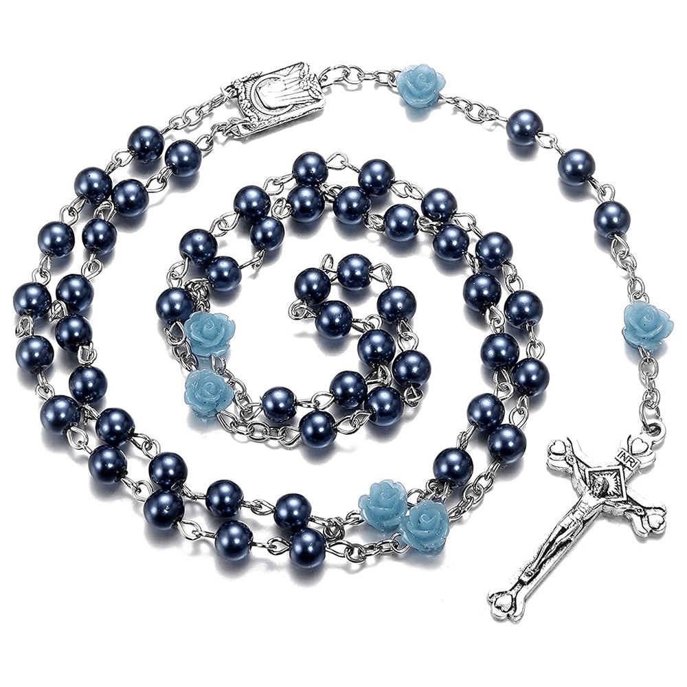 Madonna in Profile & Crucifix of 6 mm Rose Round Multicolor Pearl Alloy Chain Rosary(8 colors)