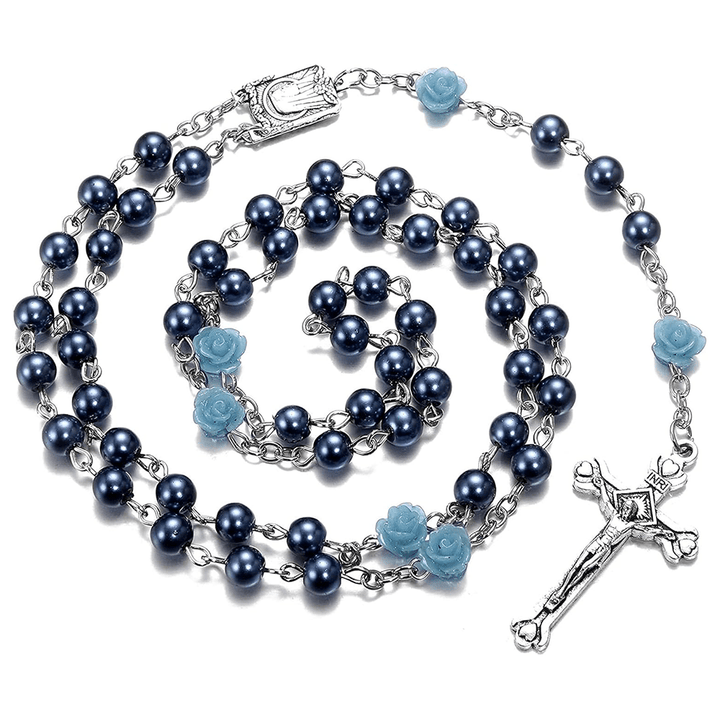 Madonna in Profile & Crucifix of 6 mm Rose Round Multicolor Pearl Alloy Chain Rosary(8 colors)