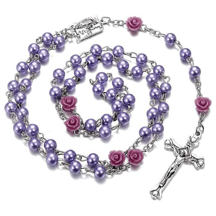 Madonna in Profile & Crucifix of 6 mm Rose Round Multicolor Pearl Alloy Chain Rosary(8 colors)