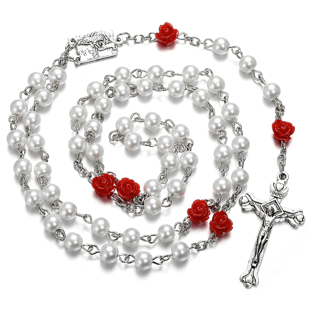 Madonna in Profile & Crucifix of 6 mm Rose Round Multicolor Pearl Alloy Chain Rosary(8 colors)