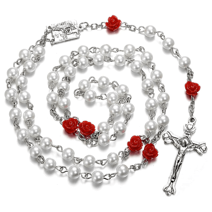 Madonna in Profile & Crucifix of 6 mm Rose Round Multicolor Pearl Alloy Chain Rosary(8 colors)