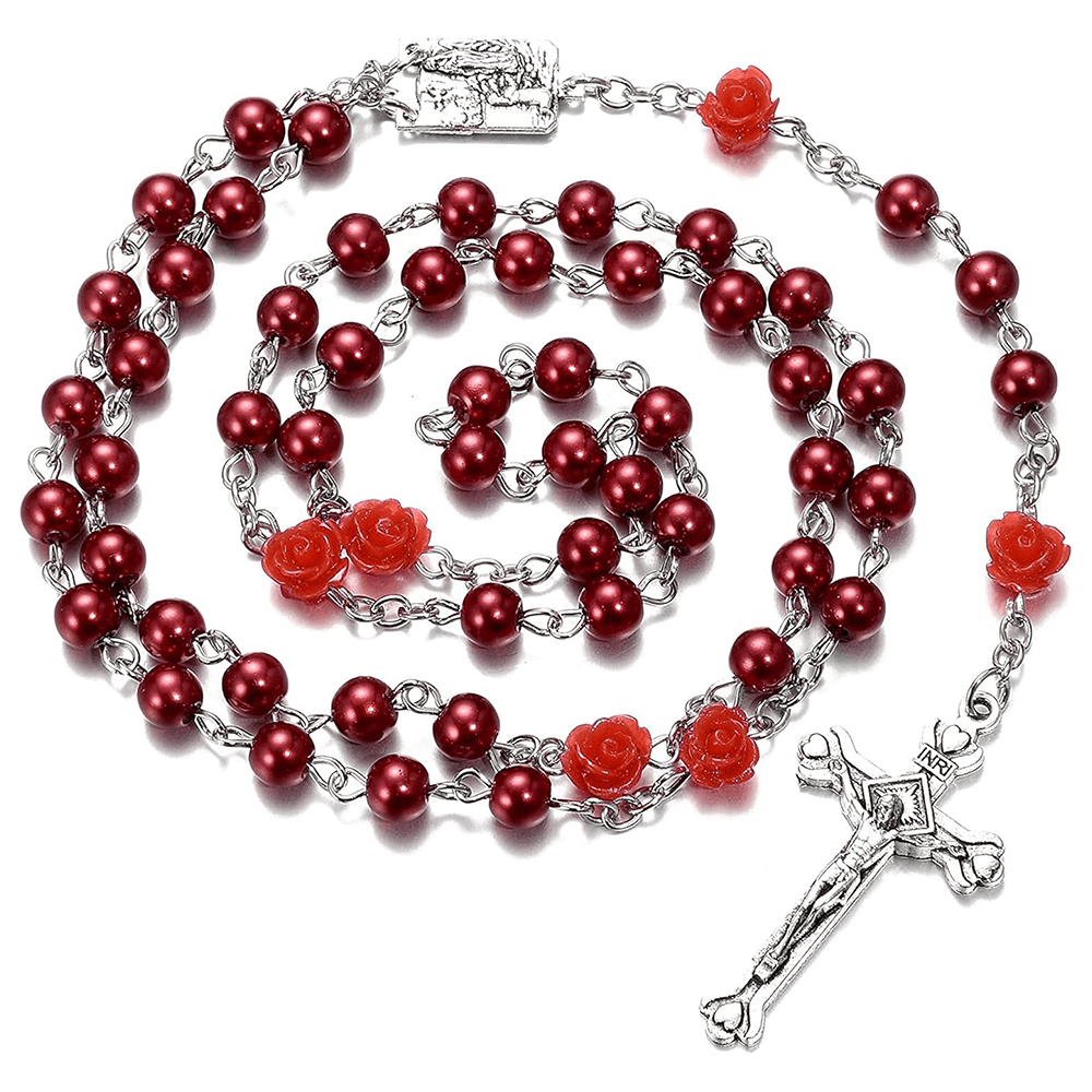 Madonna in Profile & Crucifix of 6 mm Rose Round Multicolor Pearl Alloy Chain Rosary(8 colors)