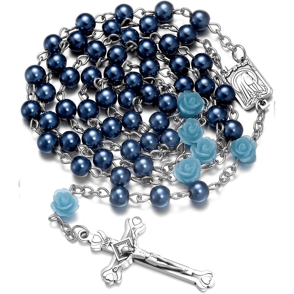 Madonna in Profile & Crucifix of 6 mm Rose Round Multicolor Pearl Alloy Chain Rosary(8 colors) - Blue - image 0