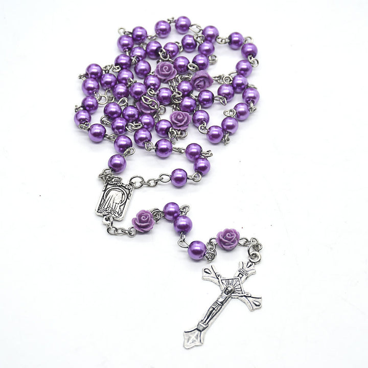 Madonna in Profile & Crucifix of 6 mm Rose Round Multicolor Pearl Alloy Chain Rosary(8 colors)