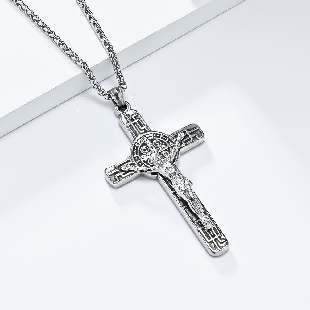 Classic Retro Style Crucifix St. Benedict Medal Protection Pendant Necklace