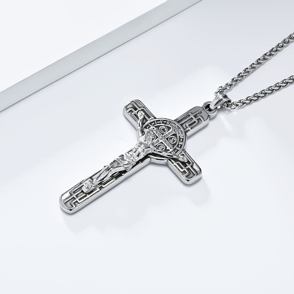 Classic Retro Style Crucifix St. Benedict Medal Protection Pendant Necklace