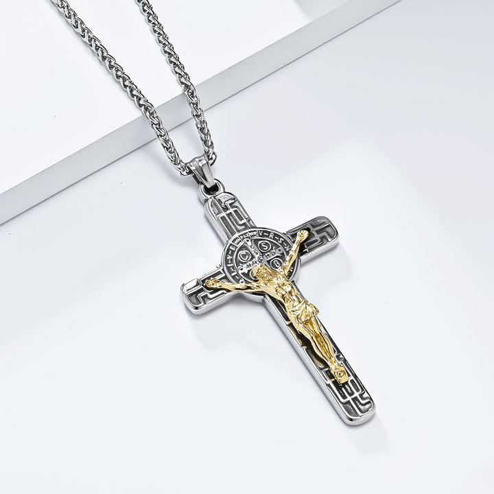 Classic Retro Style Crucifix St. Benedict Medal Protection Pendant Necklace