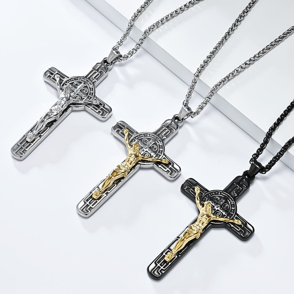 Classic Retro Style Crucifix St. Benedict Medal Protection Pendant Necklace