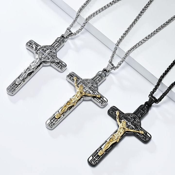 Classic Retro Style Crucifix St. Benedict Medal Protection Pendant Necklace