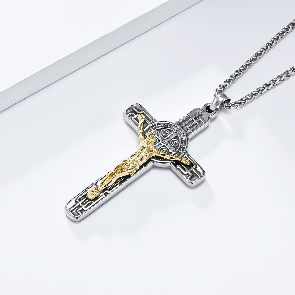 Classic Retro Style Crucifix St. Benedict Medal Protection Pendant Necklace