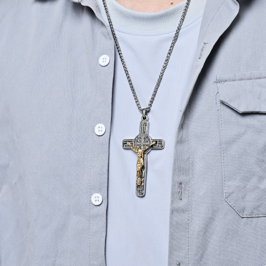 Classic Retro Style Crucifix St. Benedict Medal Protection Pendant Necklace