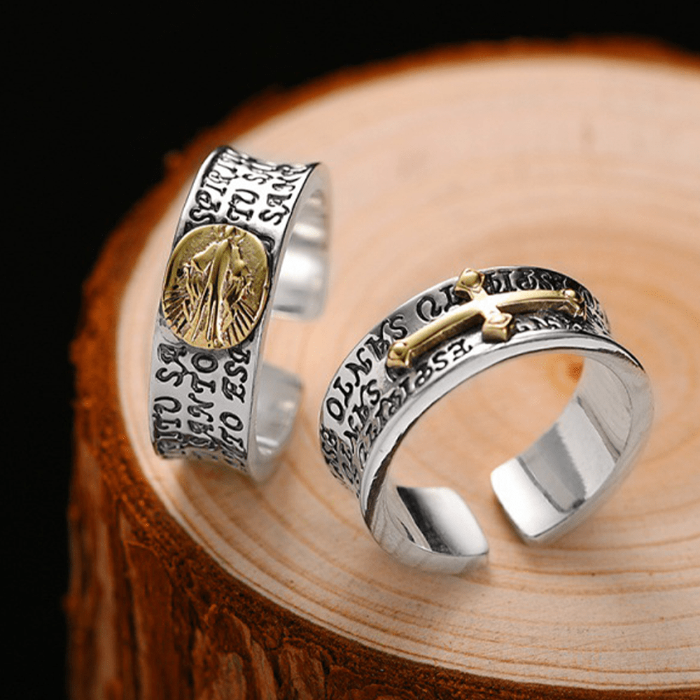 Christianartworkshop Retro Style Two-tone Gold Miraculous Medal Blessing Mary Alloy Adjustable Ring - image 0