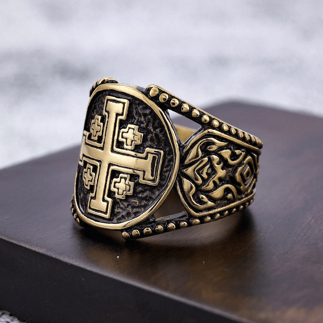Christianartworkshop Classic Style Old Craft Jerusalem Cross Symbol Alloy Ring - Golden - UK Size Z+2（US 15） - image 5