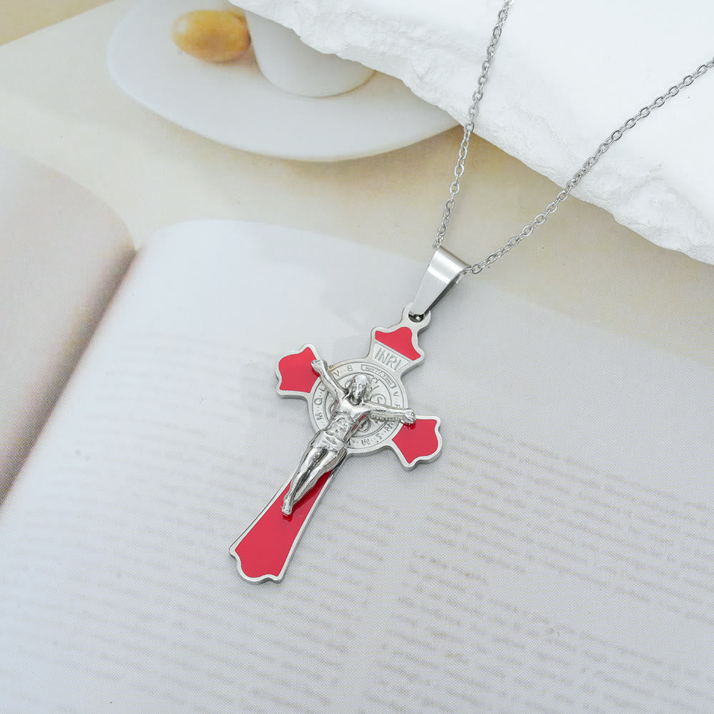 Modern Classic Style Multicolor Crucifix St. Benedict Medal Protection Pendant Necklace(8 colors) - Silver Tone-RED - image 1