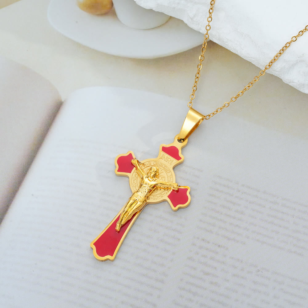 Modern Classic Style Multicolor Crucifix St. Benedict Medal Protection Pendant Necklace(8 colors) - Gold Tone-RED - image 0