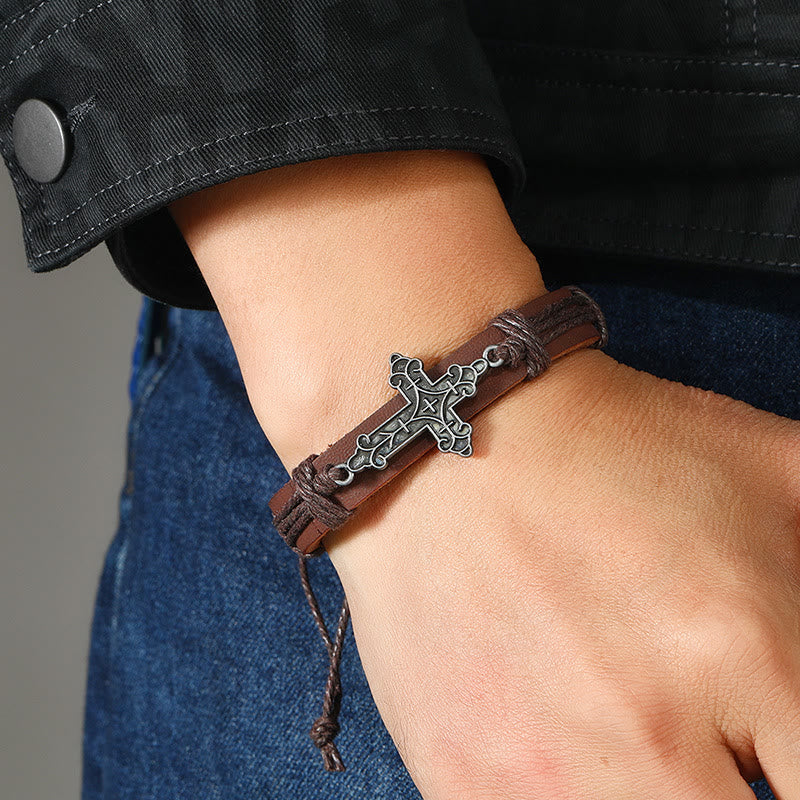 Old Crafted Style Cross Pendant Leather Drawstring Adjustable Faithful Bound Bracelet - Brown - image 0