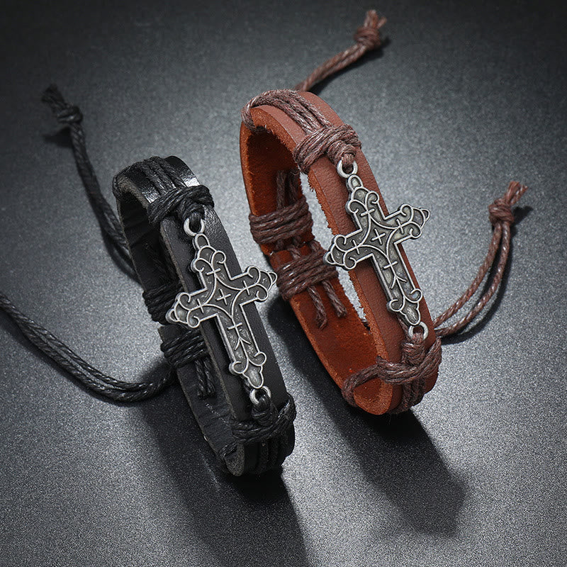 Old Crafted Style Cross Pendant Leather Drawstring Adjustable Faithful Bound Bracelet - image 1