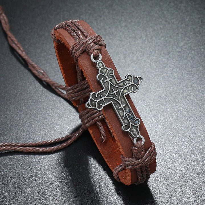 Old Crafted Style Cross Pendant Leather Drawstring Adjustable Faithful Bound Bracelet - image 2