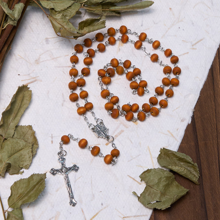 Jerusalem Medal & Crucifix of 7 mm Round White Rosewood Alloy Chain Rosary - image 6