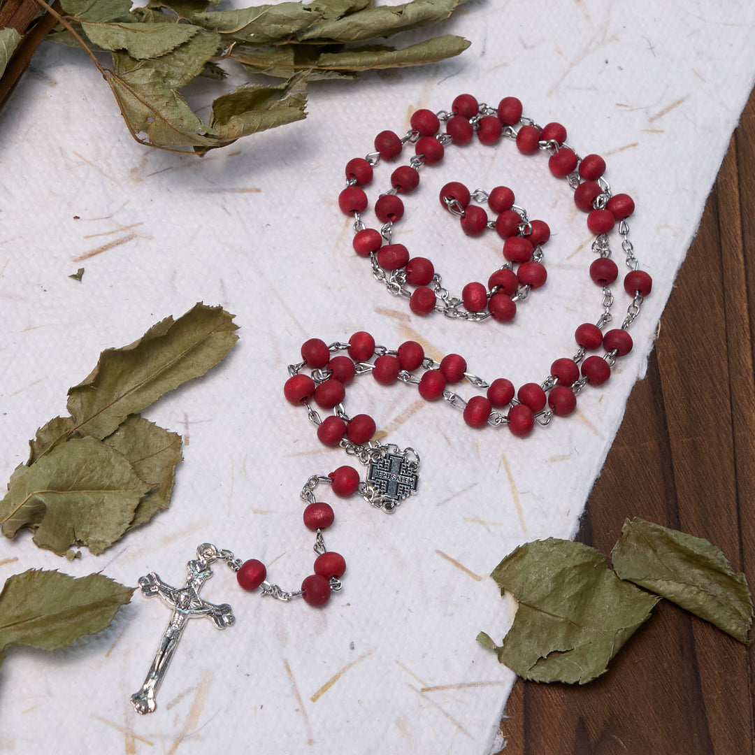 Jerusalem Medal & Crucifix of 7 mm Round White Rosewood Alloy Chain Rosary - image 8