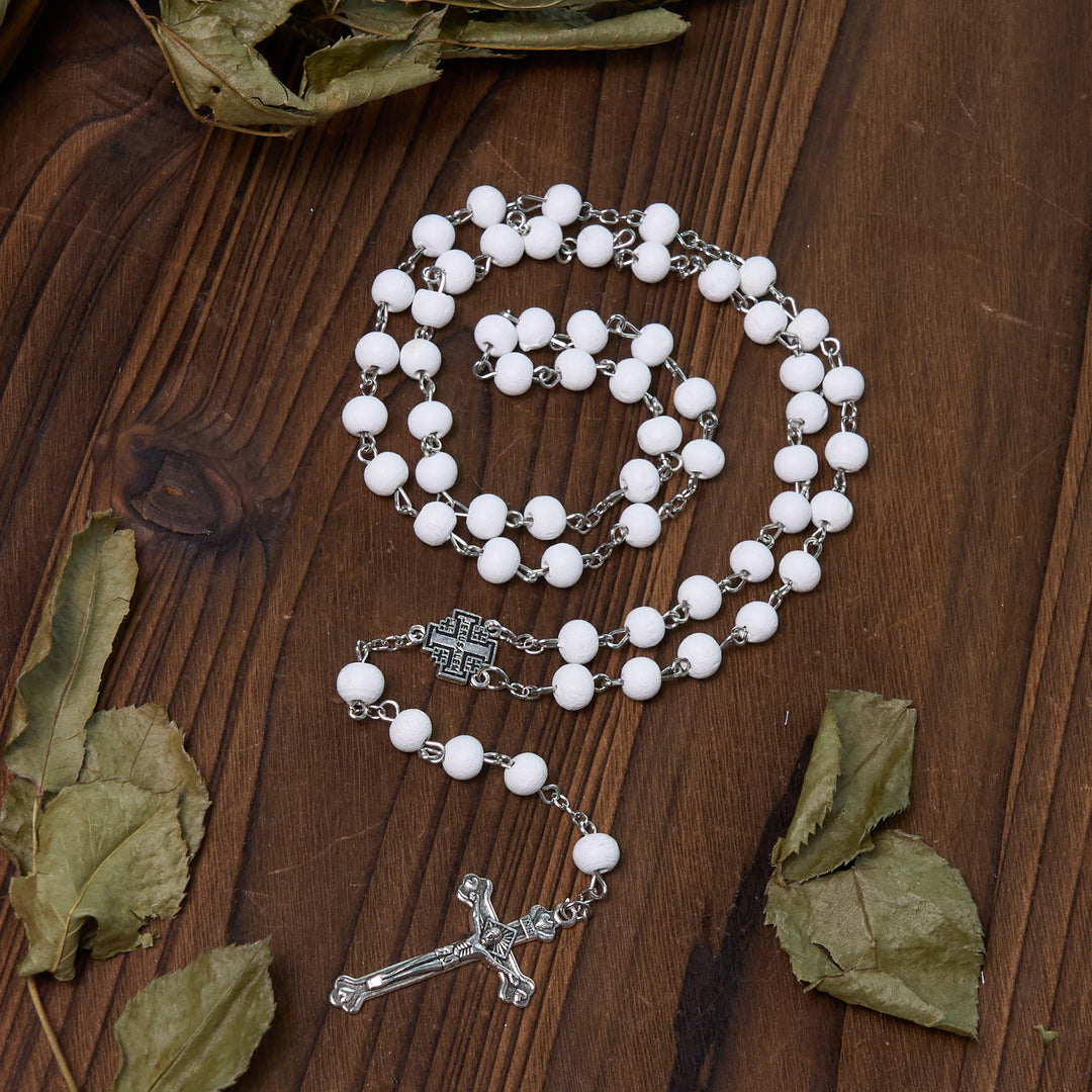 Jerusalem Medal & Crucifix of 7 mm Round White Rosewood Alloy Chain Rosary - image 15