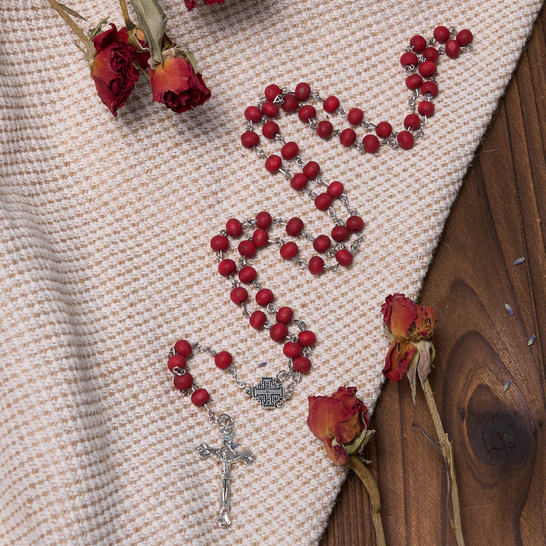 Jerusalem Medal & Crucifix of 7 mm Round White Rosewood Alloy Chain Rosary - Red - image 1