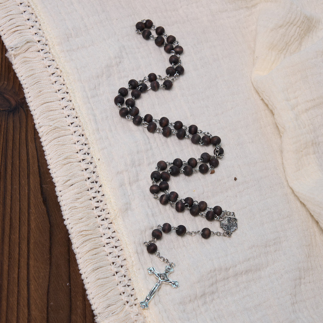 Jerusalem Medal & Crucifix of 7 mm Round White Rosewood Alloy Chain Rosary - image 10